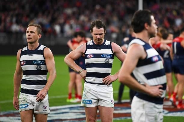Patrick Dangerfield of the Cats looks dejected after a loss during the 2021 AFL First Preliminary Final match between the Melbourne Demons and the...