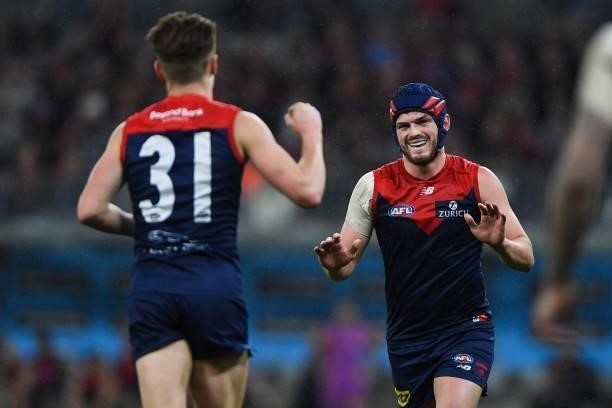 Angus Brayshaw of the Demons celebrates a goal during the 2021 AFL First Preliminary Final match between the Melbourne Demons and the Geelong Cats at...