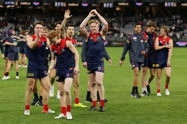 The Demons acknowledge the fans after the win during the 2021 AFL First Preliminary Final match between the Melbourne Demons and the Geelong Cats at...