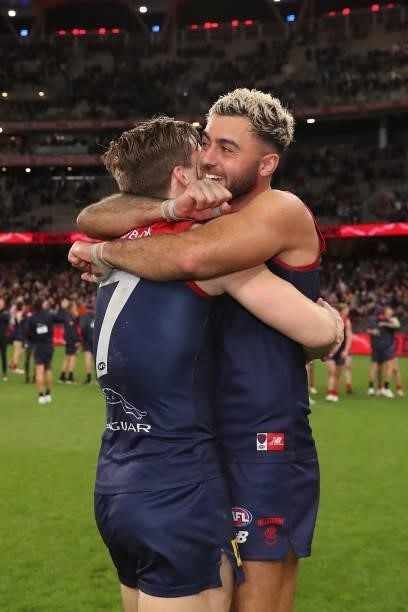 Christian Salem of the Demons celebrates after the win during the 2021 AFL First Preliminary Final match between the Melbourne Demons and the Geelong...