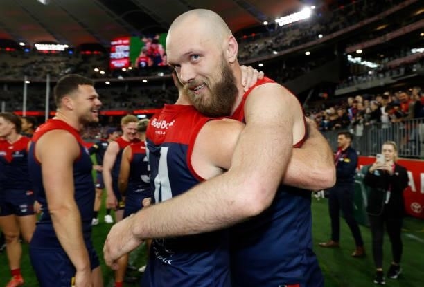 Michael Hibberd and Max Gawn of the Demons celebrate during the 2021 AFL First Preliminary Final match between the Melbourne Demons and the Geelong...