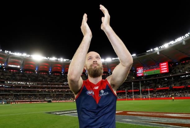 Max Gawn of the Demons celebrates during the 2021 AFL First Preliminary Final match between the Melbourne Demons and the Geelong Cats at Optus...