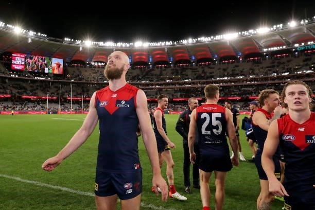 Max Gawn of the Demons after the teams win during the 2021 AFL First Preliminary Final match between the Melbourne Demons and the Geelong Cats at...