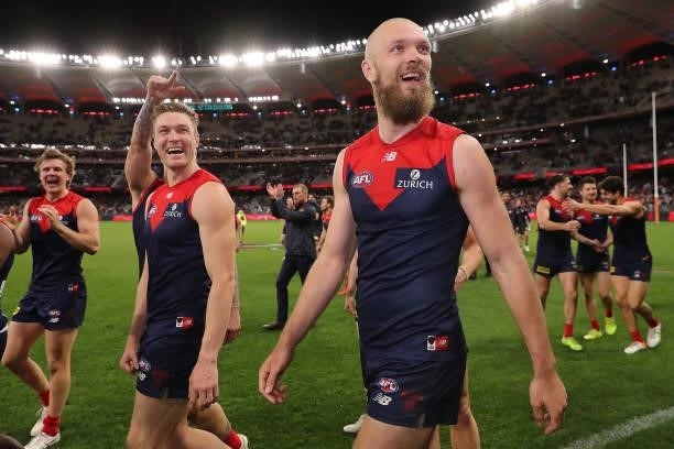 Max Gawn of the Demons celebrates after the teams win during the 2021 AFL First Preliminary Final match between the Melbourne Demons and the Geelong...