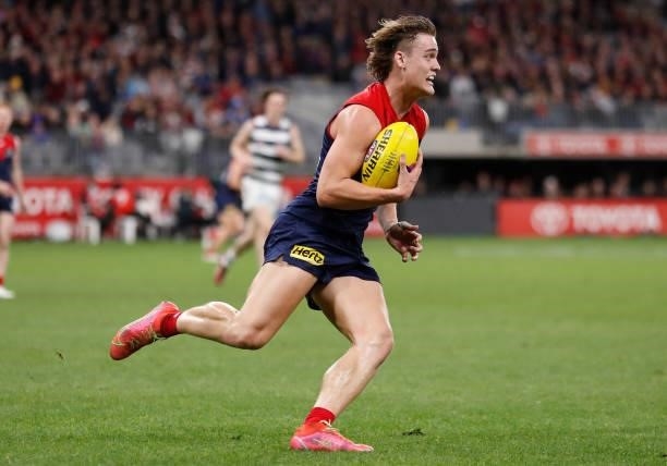 Trent Rivers of the Demons in action during the 2021 AFL First Preliminary Final match between the Melbourne Demons and the Geelong Cats at Optus...
