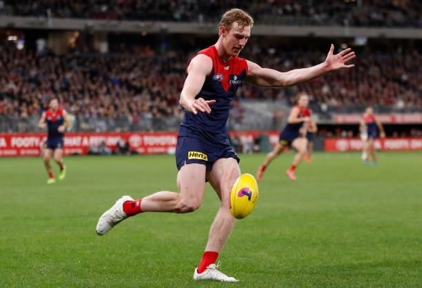 Harrison Petty of the Demons in action during the 2021 AFL First Preliminary Final match between the Melbourne Demons and the Geelong Cats at Optus...