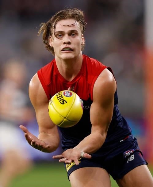 Trent Rivers of the Demons in action during the 2021 AFL First Preliminary Final match between the Melbourne Demons and the Geelong Cats at Optus...