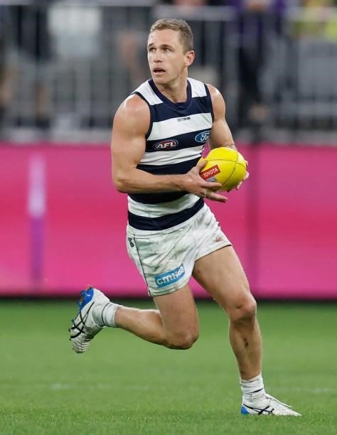 Joel Selwood of the Cats in action during the 2021 AFL First Preliminary Final match between the Melbourne Demons and the Geelong Cats at Optus...