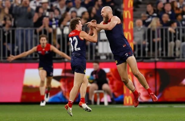 Tom Sparrow and Max Gawn of the Demons celebrates during the 2021 AFL First Preliminary Final match between the Melbourne Demons and the Geelong Cats...