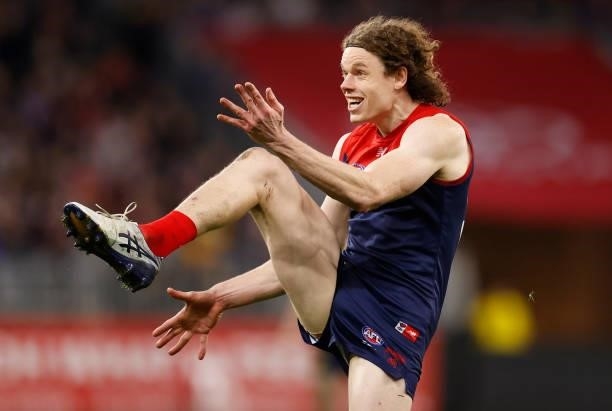 Ben Brown of the Demons kicks a goal during the 2021 AFL First Preliminary Final match between the Melbourne Demons and the Geelong Cats at Optus...