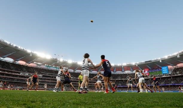 General view during the 2021 AFL First Preliminary Final match between the Melbourne Demons and the Geelong Cats at Optus Stadium on September 10,...