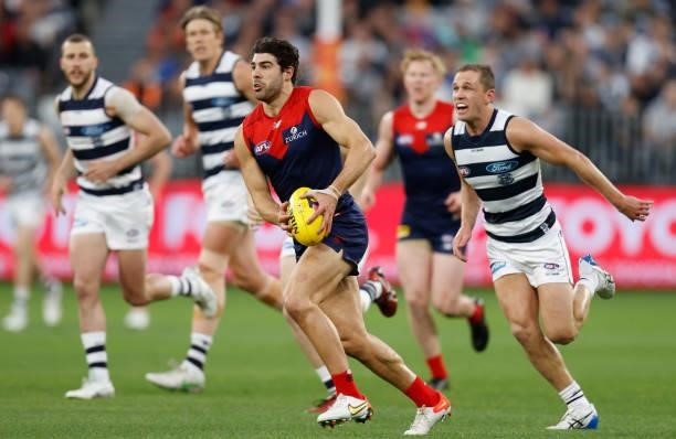 Christian Petracca of the Demons in action during the 2021 AFL First Preliminary Final match between the Melbourne Demons and the Geelong Cats at...