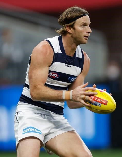 Lachie Henderson of the Cats in action during the 2021 AFL First Preliminary Final match between the Melbourne Demons and the Geelong Cats at Optus...