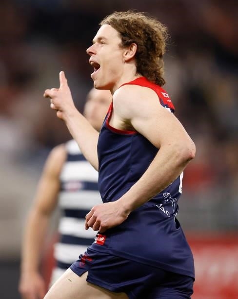 Ben Brown of the Demons celebrates a goal during the 2021 AFL First Preliminary Final match between the Melbourne Demons and the Geelong Cats at...