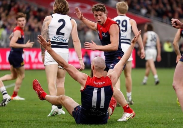 Max Gawn and Tom Sparrow of the Demons celebrate during the 2021 AFL First Preliminary Final match between the Melbourne Demons and the Geelong Cats...