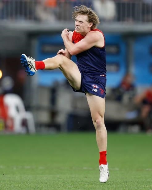 Charlie Spargo of the Demons in action during the 2021 AFL First Preliminary Final match between the Melbourne Demons and the Geelong Cats at Optus...