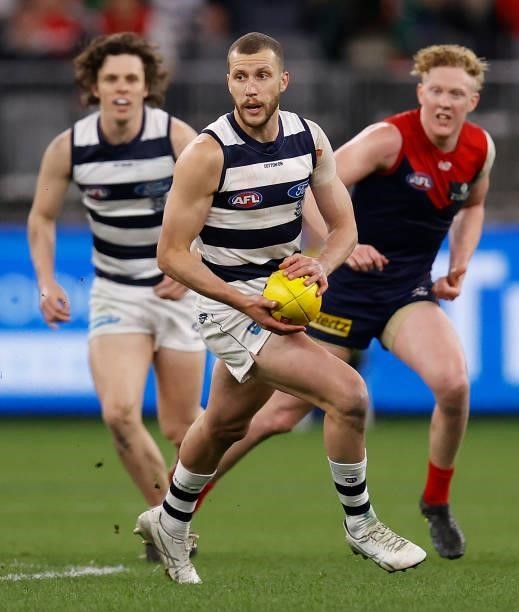 Sam Menegola of the Cats in action during the 2021 AFL First Preliminary Final match between the Melbourne Demons and the Geelong Cats at Optus...