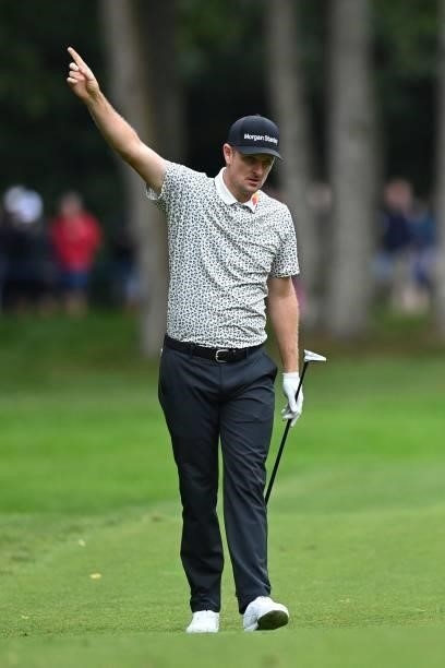 England's Justin Rose gestures on the 17th on Day 2 of the PGA Championship at Wentworth Golf Club in Surrey, south west of London on September 10,...