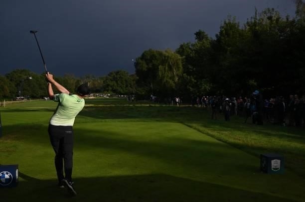 England's Matthew Fitzpatrick tees off on the 18th on Day 2 of the PGA Championship at Wentworth Golf Club in Surrey, south west of London on...