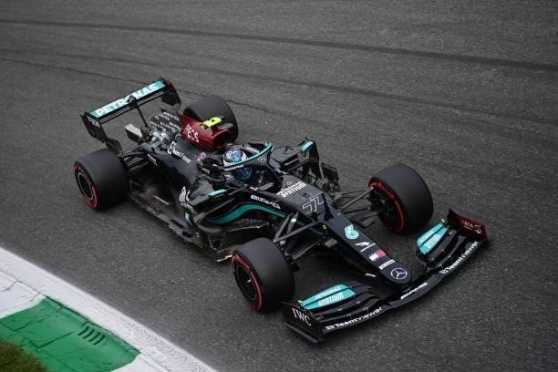 Mercedes' Finnish driver Valtteri Bottas drives during a qualifying session at the Autodromo Nazionale circuit in Monza, on September 10 ahead of the...