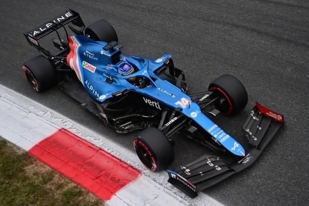 Alpine's Spanish driver Fernando Alonso drives during a qualifying session at the Autodromo Nazionale circuit in Monza, on September 10 ahead of the...