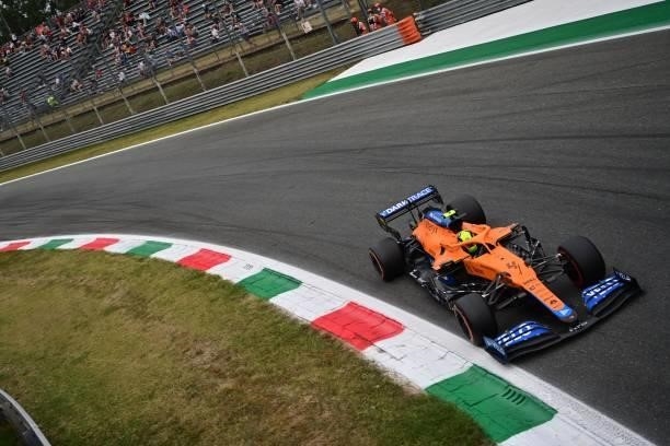 McLaren's British driver Lando Norris drives during a qualifying session at the Autodromo Nazionale circuit in Monza, on September 10 ahead of the...