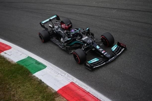 Mercedes' British driver Lewis Hamilton drives during a qualifying session at the Autodromo Nazionale circuit in Monza, on September 10 ahead of the...