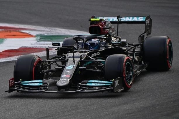 Mercedes' Finnish driver Valtteri Bottas drives during a qualifying session at the Autodromo Nazionale circuit in Monza, on September 10 ahead of the...