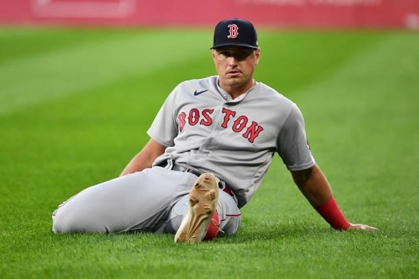 Hunter Renfroe of the Boston Red Sox stretches on the field before a game against the Chicago White Sox at Guaranteed Rate Field on September 10,...