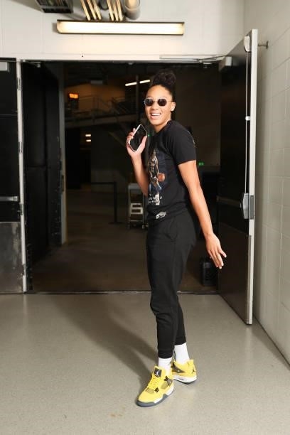 Aerial Powers of the Minnesota Lynx arrives to the arena before the game against the Indiana Fever on September 10, 2021 at Target Center in...
