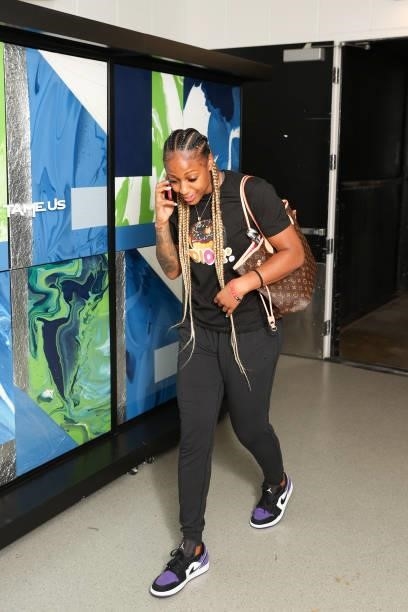 Tiffany Mitchell of the Indiana Fever arrives to the arena before the game against the Minnesota Lynx on September 10, 2021 at Target Center in...
