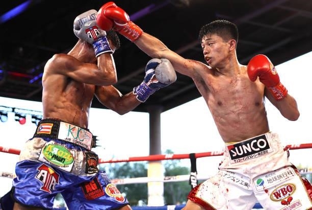 Angel Acosta and Junto Nakatani exchange punches during their fight for the WBO flyweight championship at Casino del Sol on September 10, 2021 in...