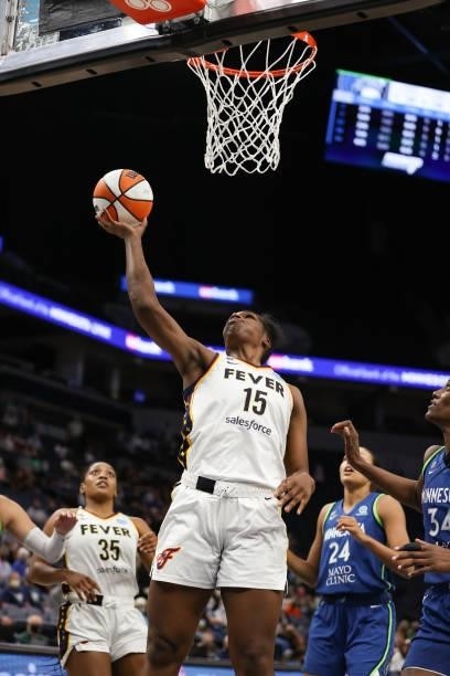 Teaira McCowan of the Indiana Fever drives to the basket during the game against the Minnesota Lynx on September 10, 2021 at Target Center in...