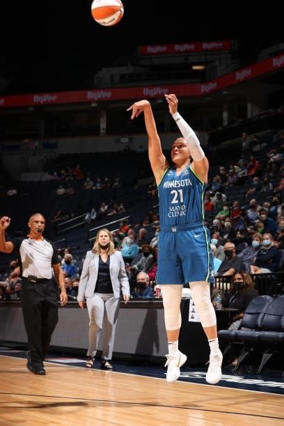Kayla McBride of the Minnesota Lynx shoots a three point basket during the game against the Indiana Fever on September 10, 2021 at Target Center in...