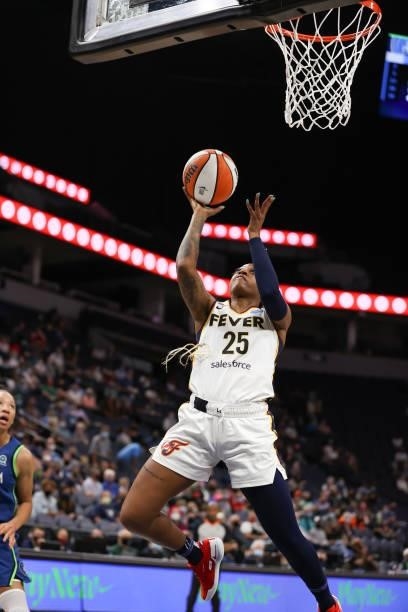Tiffany Mitchell of the Indiana Fever drives to the basket during the game against the Minnesota Lynx on September 10, 2021 at Target Center in...