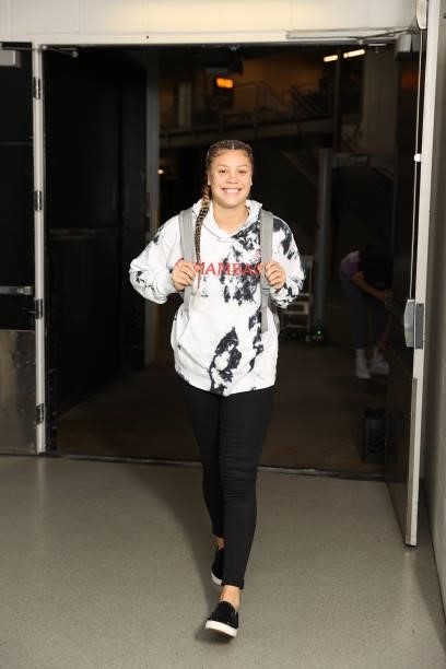 Rachel Banham of the Minnesota Lynx arrives to the arena before the game against the Indiana Fever on September 10, 2021 at Target Center in...