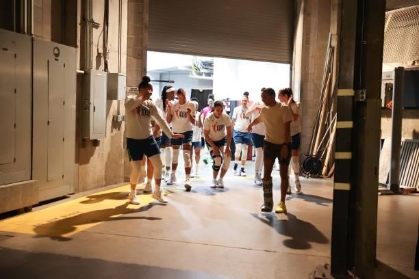 The Minnesota Lynx walk on to the court before the game against the Indiana Fever on September 10, 2021 at Target Center in Minneapolis, Minnesota....