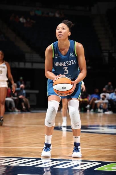 Aerial Powers of the Minnesota Lynx shoots a free throw during the game against the Indiana Fever on September 10, 2021 at Target Center in...