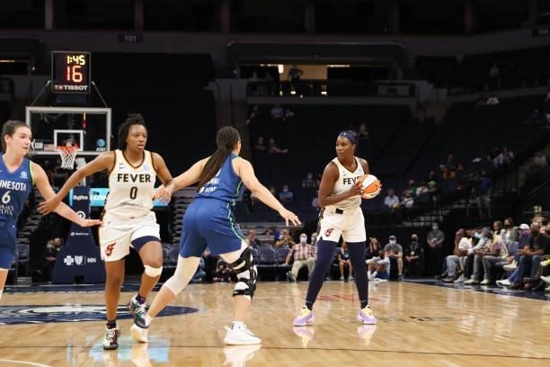 Jantel Lavender of the Indiana Fever handles the ball during the game against the Minnesota Lynx on September 10, 2021 at Target Center in...