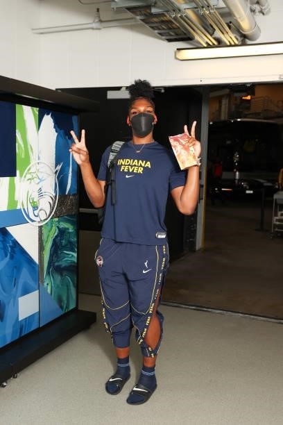 Teaira McCowan of the Indiana Fever arrives to the arena before the game against the Minnesota Lynx on September 10, 2021 at Target Center in...