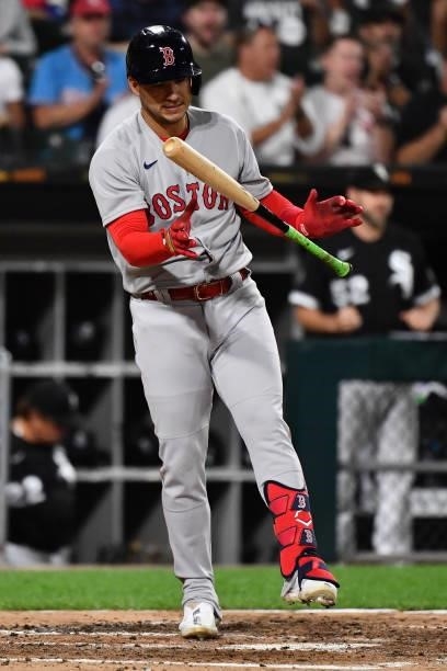 José Iglesias of the Boston Red Sox reacts after striking out in the third inning against the Chicago White Sox at Guaranteed Rate Field on September...