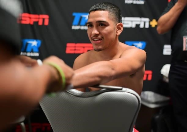 Gabriel Flores Jr gets his hands wrapped before his fight against Luis Alberto Lopez at Casino del Sol on September 10, 2021 in Tucson, Arizona.