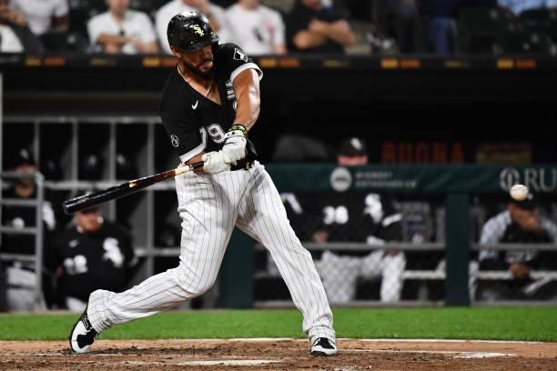 José Abreu of the Chicago White Sox hits a three-run home run in the third inning against the Boston Red Sox at Guaranteed Rate Field on September...