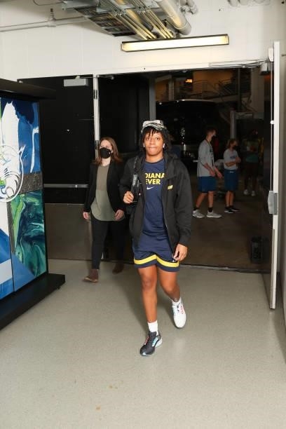 Kelsey Mitchell of the Indiana Fever arrives to the arena before the game against the Minnesota Lynx on September 10, 2021 at Target Center in...