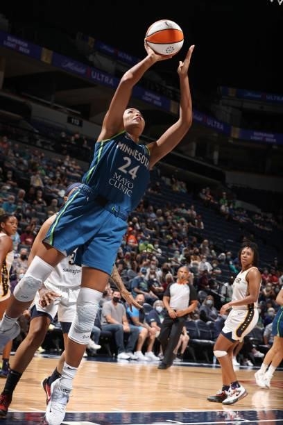 Napheesa Collier of the Minnesota Lynx drives to the basket during the game against the Indiana Fever on September 10, 2021 at Target Center in...