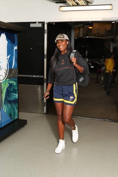 Jantel Lavender of the Indiana Fever arrives to the arena before the game against the Minnesota Lynx on September 10, 2021 at Target Center in...