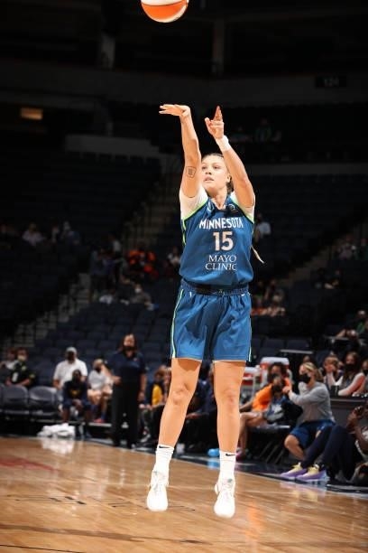 Rachel Banham of the Minnesota Lynx shoots a three point basket during the game against the Indiana Fever on September 10, 2021 at Target Center in...