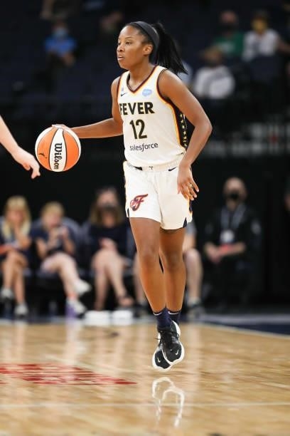 Lindsay Allen of the Indiana Fever handles the ball during the game against the Minnesota Lynx on September 10, 2021 at Target Center in Minneapolis,...