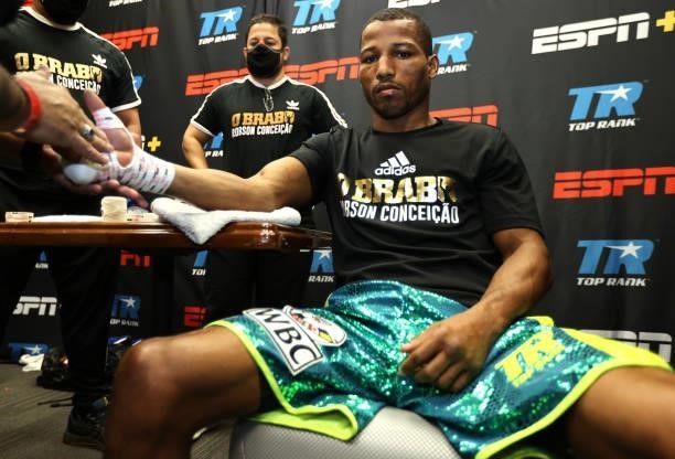 Robson Conceição gets his hands wrapped before his fight against Oscar Valdez for the WBC super featherweight championship at Casino del Sol on...
