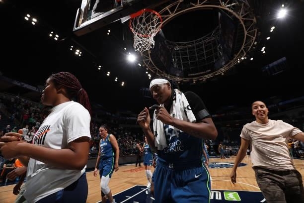 Sylvia Fowles of the Minnesota Lynx celebrates a win after the game against the Indiana Fever on September 10, 2021 at Target Center in Minneapolis,...